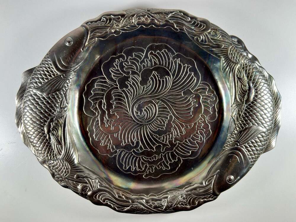 Arthur Court Two Fish Koi Oval Aluminum Serving Platter 1982 Vintage 15.75 Inch